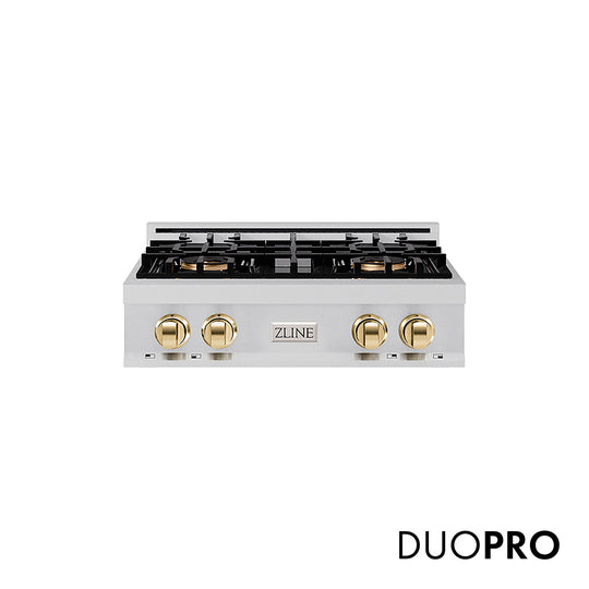 ZLINE Autograph Edition 30 in. Classic Gas Rangetop with 4 Burner DuoPro™ Cooktop in Stainless Steel and Polished Gold Accents, Open Box-Great Condition