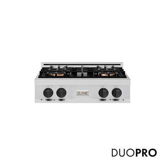 ZLINE Autograph Edition 30 in. Classic Gas Rangetop with 4 Burner DuoPro™ Cooktop in Stainless Steel and Matte Black Accents (PCRTZ-30-MB)