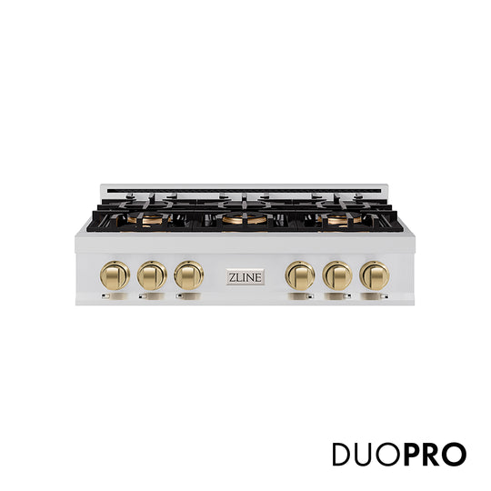 ZLINE Autograph Edition 36 in. Classic Gas Rangetop with 6 Burner DuoPro™ Cooktop in Stainless Steel and Polished Gold Accents (PCRTZ-36-G)