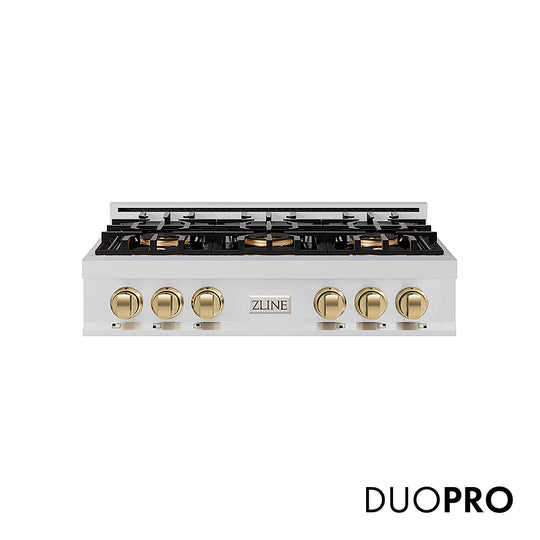 ZLINE Autograph Edition 36 in. Classic Gas Rangetop with 6 Burner DuoPro™ Cooktop in Stainless Steel and Champagne Bronze Accents, Open Box-Great Condition