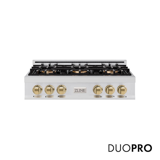 ZLINE Autograph Edition 36 in. Classic Gas Rangetop with 6 Burner DuoPro™ Cooktop in Stainless Steel and Champagne Bronze Accents, Open Box-Good Condition