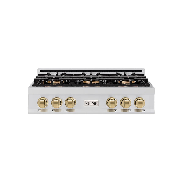 ZLINE Autograph Edition 36 in. Classic Gas Rangetop with 6 Burner DuoPro™ Cooktop in Stainless Steel and Champagne Bronze Accents, Open Box-Good Condition