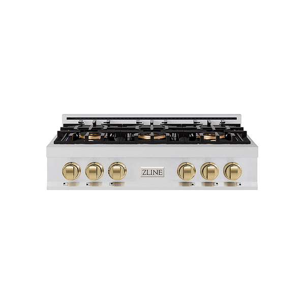 ZLINE Autograph Edition 36 in. Classic Gas Rangetop with 6 Burner DuoPro™ Cooktop in Stainless Steel and Champagne Bronze Accents, Open Box-Great Condition