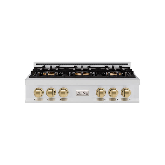ZLINE Autograph Edition 36 in. Classic Gas Rangetop with 6 Burner DuoPro™ Cooktop in Stainless Steel and Champagne Bronze Accents (PCRTZ-36-CB)