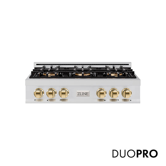 ZLINE Autograph Edition 36 in. Classic Gas Rangetop with 6 Burner DuoPro™ Cooktop in Stainless Steel and Polished Gold Accents, Open Box-Great Condition