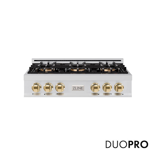 ZLINE Autograph Edition 36 in. Classic Gas Rangetop with 6 Burner DuoPro™ Cooktop in Stainless Steel and Polished Gold Accents, Open Box-Good Condition