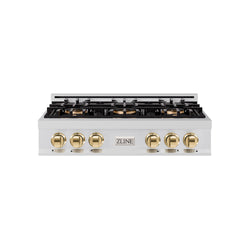ZLINE Autograph Edition 36 in. Classic Gas Rangetop with 6 Burner DuoPro™ Cooktop in Stainless Steel and Polished Gold Accents (PCRTZ-36-G)