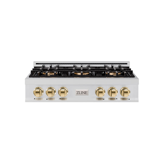 ZLINE Autograph Edition 36 in. Classic Gas Rangetop with 6 Burner DuoPro™ Cooktop in Stainless Steel and Polished Gold Accents (PCRTZ-36-G)