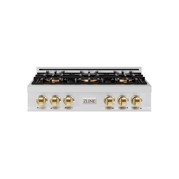 ZLINE Autograph Edition 36 in. Classic Gas Rangetop with 6 Burner DuoPro™ Cooktop in Stainless Steel and Polished Gold Accents (PCRTZ-36-G)