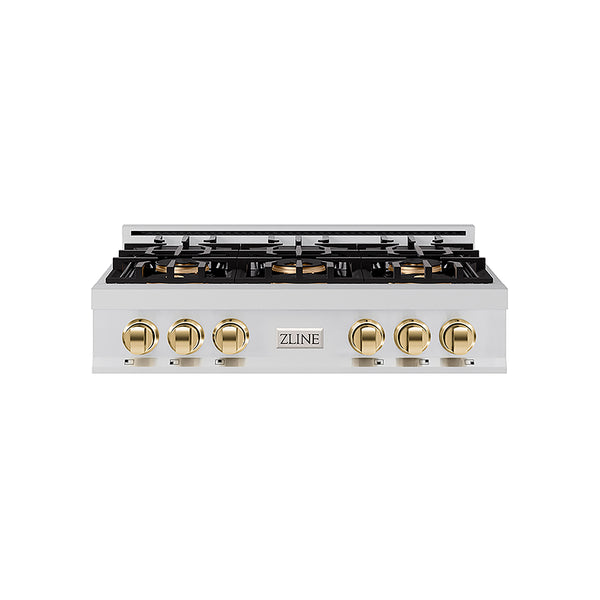 ZLINE Autograph Edition 36 in. Classic Gas Rangetop with 6 Burner DuoPro™ Cooktop in Stainless Steel and Polished Gold Accents, Open Box-Great Condition