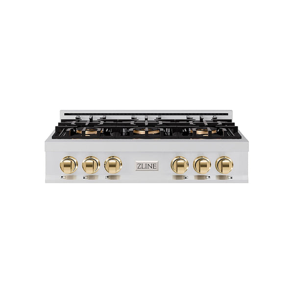 ZLINE Autograph Edition 36 in. Classic Gas Rangetop with 6 Burner DuoPro™ Cooktop in Stainless Steel and Polished Gold Accents, Open Box-Good Condition