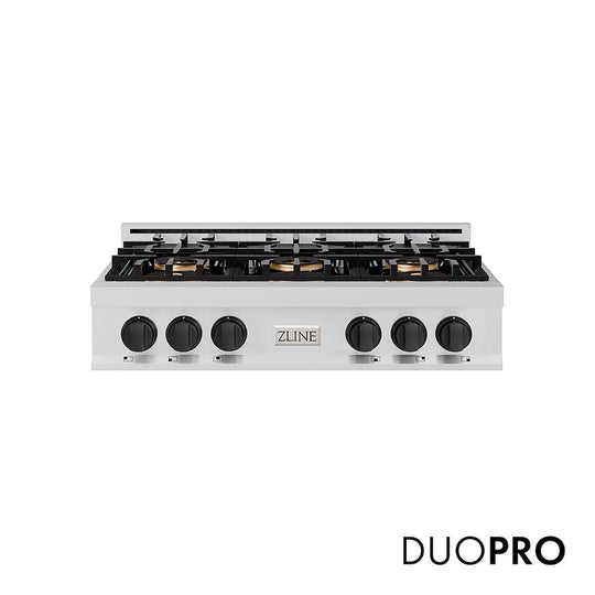 ZLINE Autograph Edition 36 in. Classic Gas Rangetop with 6 Burner DuoPro™ Cooktop in Stainless Steel and Matte Black Accents, Open Box-Good Condition