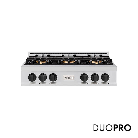 ZLINE Autograph Edition 36 in. Classic Gas Rangetop with 6 Burner DuoPro™ Cooktop in Stainless Steel and Matte Black Accents (PCRTZ-36-MB)