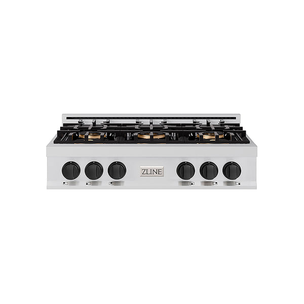 ZLINE Autograph Edition 36 in. Classic Gas Rangetop with 6 Burner DuoPro™ Cooktop in Stainless Steel and Matte Black Accents, Open Box-Great Condition