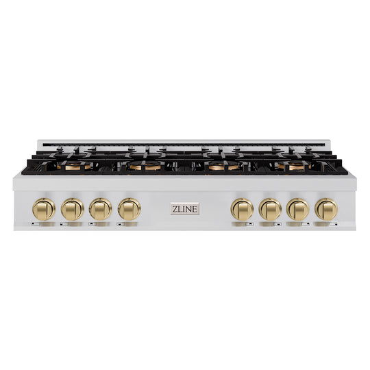 ZLINE Autograph Edition 48 in. Classic Gas Rangetop with 8 Burner DuoPro™ Cooktop in Stainless Steel and Champagne Bronze Accents (PCRTZ-48-CB)