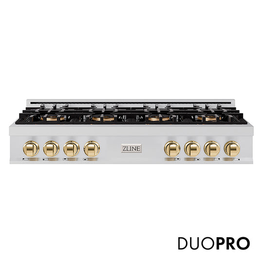 ZLINE Autograph Edition 48 in. Classic Gas Rangetop with 8 Burner DuoPro™ Cooktop in Stainless Steel and Polished Gold Accents (PCRTZ-48-G)