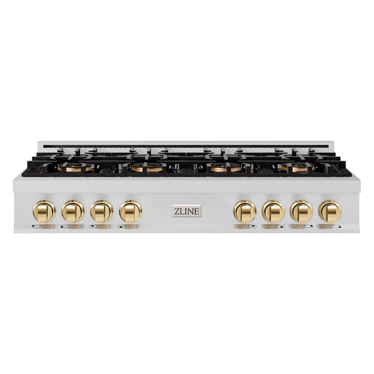 ZLINE Autograph Edition 48 in. Classic Gas Rangetop with 8 Burner DuoPro™ Cooktop in Stainless Steel and Polished Gold Accents (PCRTZ-48-G)