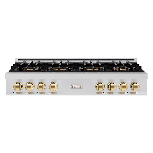 ZLINE Autograph Edition 48 in. Classic Gas Rangetop with 8 Burner DuoPro™ Cooktop in Stainless Steel and Polished Gold Accents (PCRTZ-48-G)