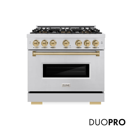 ZLINE Autograph Edition 36 in. 5.2 cu. ft. Classic Gas Range with 6 Burner DuoPro™ Cooktop and Convection Gas Oven in Stainless Steel and Champagne Bronze Accents, Open Box-Good Condition