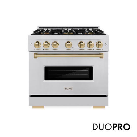 ZLINE Autograph Edition 36 in. 5.2 cu. ft. Classic Gas Range with 6 Burner DuoPro™ Cooktop and Convection Gas Oven in Stainless Steel and Champagne Bronze Accents (PCGRZ-36-CB)