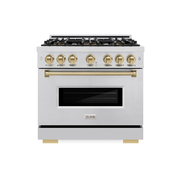 ZLINE Autograph Edition 36 in. 5.2 cu. ft. Classic Gas Range with 6 Burner DuoPro™ Cooktop and Convection Gas Oven in Stainless Steel and Champagne Bronze Accents, Open Box-Good Condition