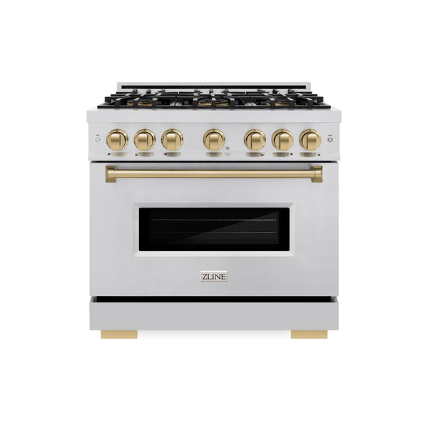 ZLINE Autograph Edition 36 in. 5.2 cu. ft. Classic Gas Range with 6 Burner DuoPro™ Cooktop and Convection Gas Oven in Stainless Steel and Champagne Bronze Accents (PCGRZ-36-CB)