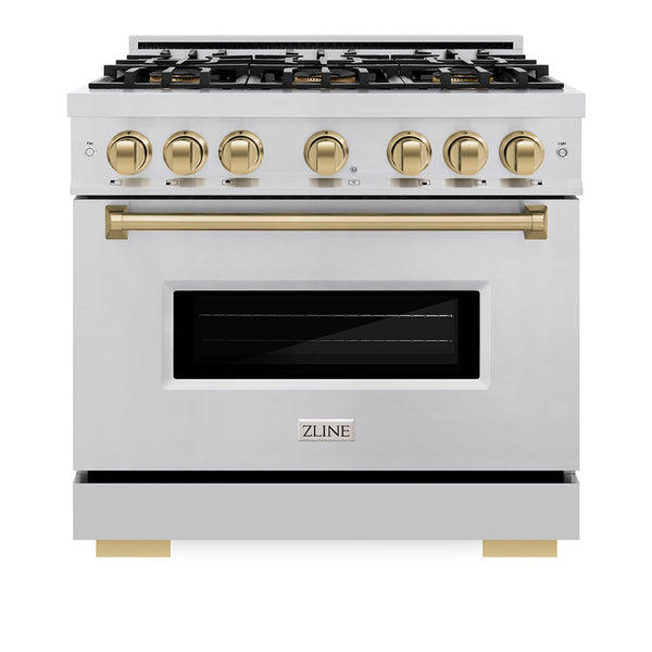 ZLINE Autograph Edition 36 in. 5.2 cu. ft. Classic Gas Range with 6 Burner DuoPro™ Cooktop and Convection Gas Oven in Stainless Steel and Champagne Bronze Accents, Open Box-Good Condition