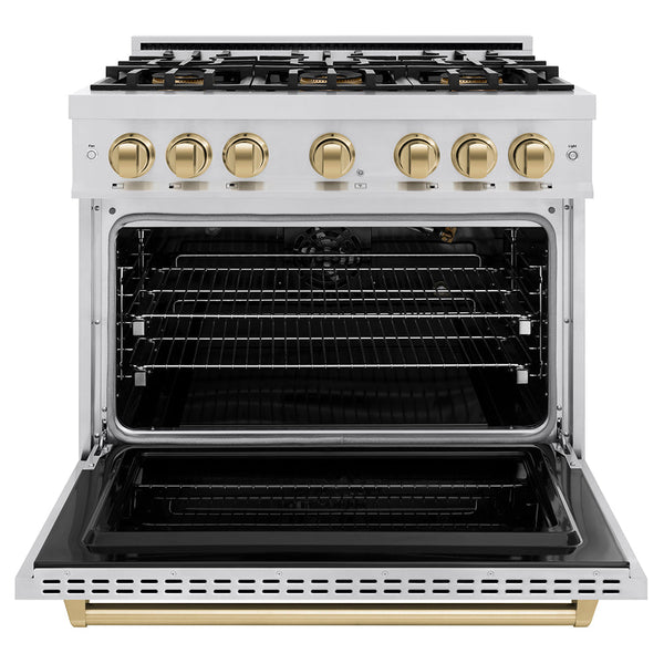 ZLINE Autograph Edition 36 in. 5.2 cu. ft. Classic Gas Range with 6 Burner DuoPro™ Cooktop and Convection Gas Oven in Stainless Steel and Champagne Bronze Accents, Open Box-Good Condition
