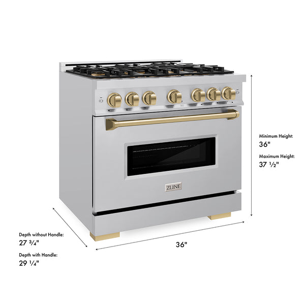 ZLINE Autograph Edition 36 in. 5.2 cu. ft. Classic Gas Range with 6 Burner DuoPro™ Cooktop and Convection Gas Oven in Stainless Steel and Champagne Bronze Accents (PCGRZ-36-CB)