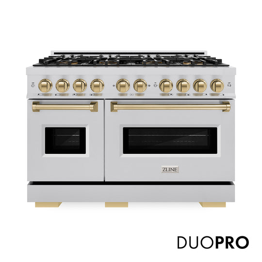 ZLINE Autograph Edition 48 in. 6.7 cu. ft. Classic Gas Range with 8 Burner DuoPro™ Cooktop and Dual Ovens in Stainless Steel and Champagne Bronze Accents (PCGRZ-48-CB)