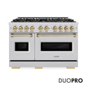 ZLINE Autograph Edition 48 in. 6.7 cu. ft. Classic Gas Range with 8 Burner DuoPro™ Cooktop and Dual Ovens in Stainless Steel and Champagne Bronze Accents, Open Box-Good Condition