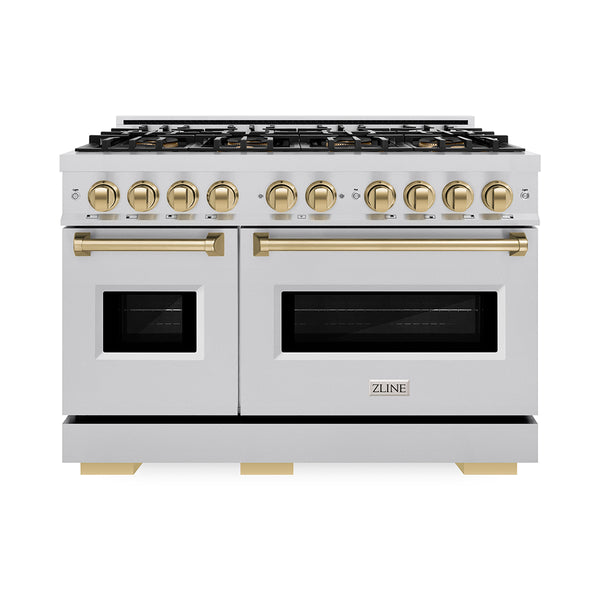 ZLINE Autograph Edition 48 in. 6.7 cu. ft. Classic Gas Range with 8 Burner DuoPro™ Cooktop and Dual Ovens in Stainless Steel and Champagne Bronze Accents (PCGRZ-48-CB)