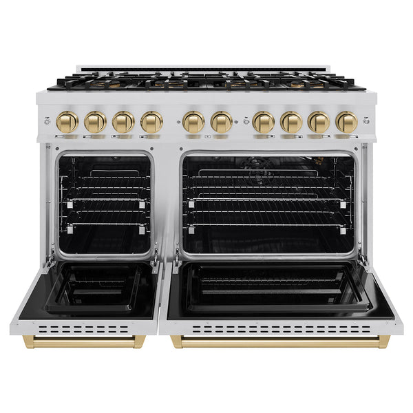 ZLINE Autograph Edition 48 in. 6.7 cu. ft. Classic Gas Range with 8 Burner DuoPro™ Cooktop and Dual Ovens in Stainless Steel and Champagne Bronze Accents, Open Box-Good Condition