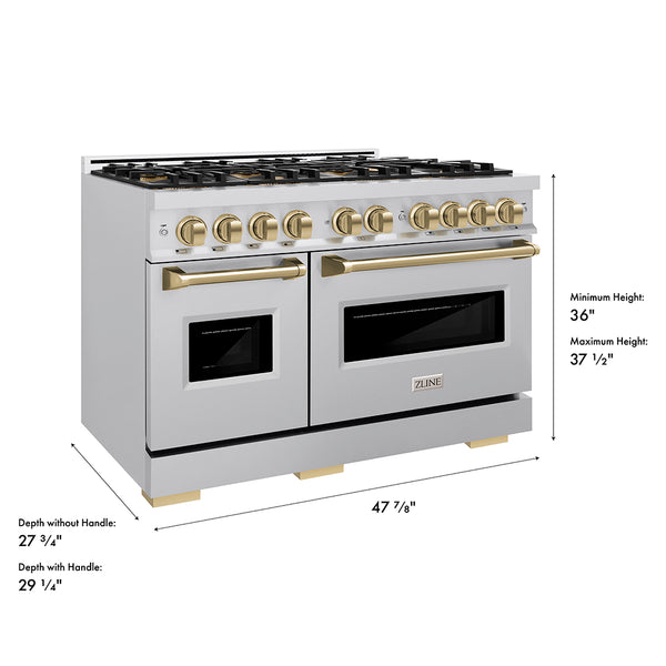 ZLINE Autograph Edition 48 in. 6.7 cu. ft. Classic Gas Range with 8 Burner DuoPro™ Cooktop and Dual Ovens in Stainless Steel and Champagne Bronze Accents (PCGRZ-48-CB)