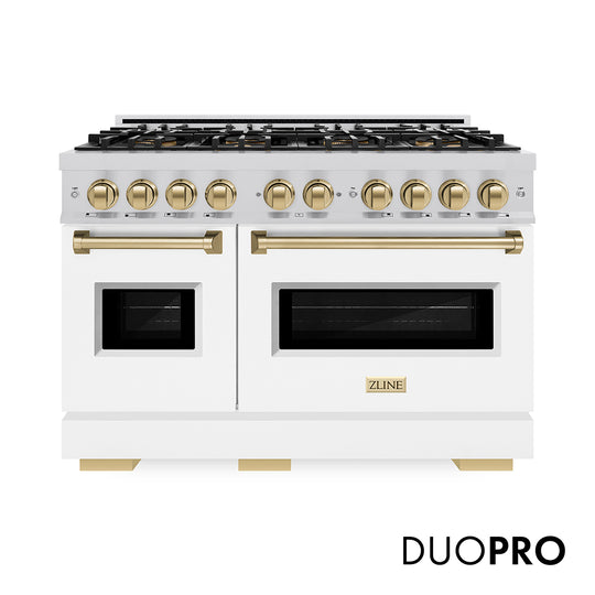 ZLINE Autograph Edition 48 in. 6.7 cu. ft. Classic Gas Range with 8 Burner DuoPro™ Cooktop and Dual Ovens with White Matte Doors and Champagne Bronze Accents (PCGRZ-WM-48-CB)