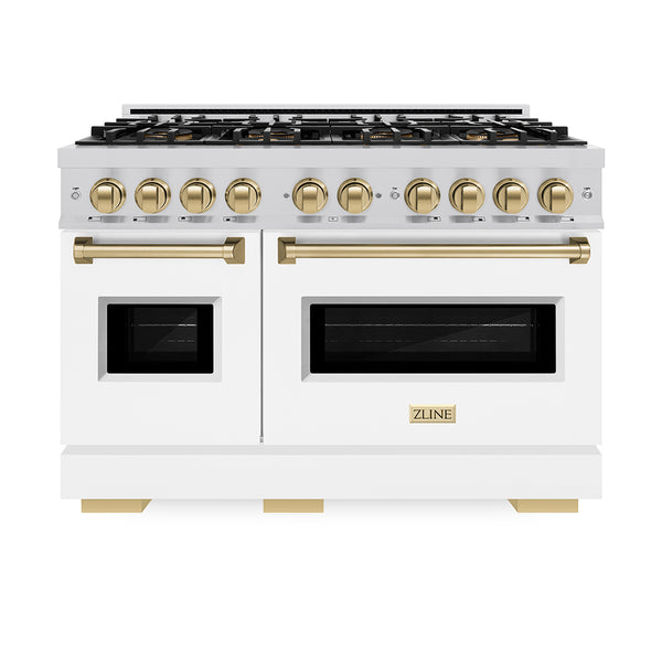 ZLINE Autograph Edition 48 in. 6.7 cu. ft. Classic Gas Range with 8 Burner DuoPro™ Cooktop and Dual Ovens with White Matte Doors and Champagne Bronze Accents (PCGRZ-WM-48-CB)