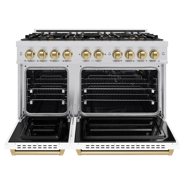 ZLINE Autograph Edition 48 in. 6.7 cu. ft. Classic Gas Range with 8 Burner DuoPro™ Cooktop and Dual Ovens with White Matte Doors and Champagne Bronze Accents, Open Box-Good Condition