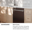 ZLINE Dishwasher Infographic. Image: Dishwasher in a kitchen setting. Text: Quiet cycles. Enjoy peace in the kitchen while getting a spotless wash every time thanks to an ultra-low decibel level during operation.