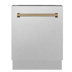 ZLINE Autograph Edition 24 in. Tallac Series 3rd Rack Top Control Built-In Tall Tub Dishwasher with Satin Stainless Steel Panel and Champagne Bronze Handle, 51dBa (DWVZ-SN-24-CB)