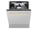 ZLINE Autograph Edition 24 in. Tallac Series 3rd Rack Top Control Built-In Tall Tub Dishwasher with Satin Stainless Steel Panel and Polished Gold Handle, 51dBa (DWVZ-SN-24-G)