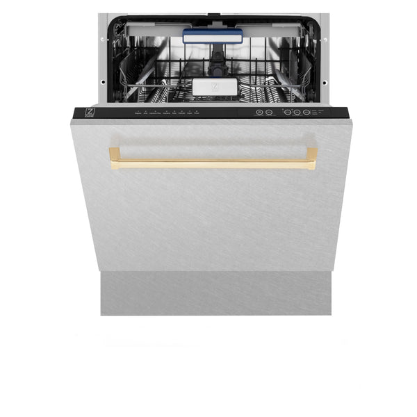 ZLINE Autograph Edition 24 in. Tallac Series 3rd Rack Top Control Built-In Tall Tub Dishwasher with Satin Stainless Steel Panel and Polished Gold Handle, 51dBa (DWVZ-SN-24-G)