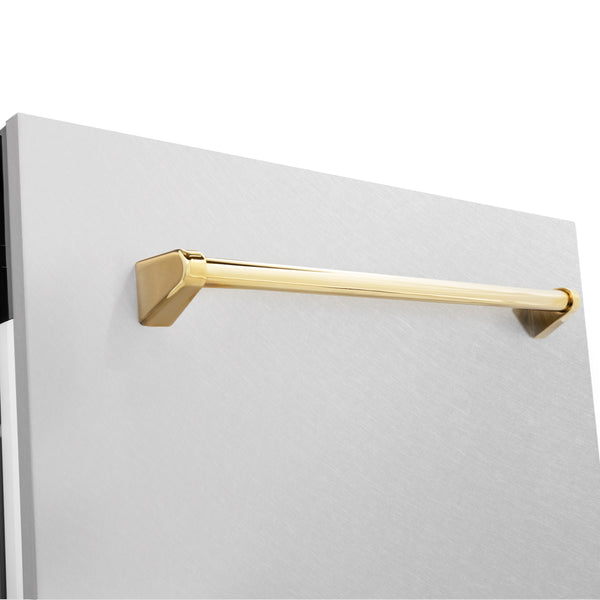 ZLINE Autograph Edition 24 in. Tallac Series 3rd Rack Top Control Built-In Tall Tub Dishwasher with Satin Stainless Steel Panel and Polished Gold Handle, 51dBa (DWVZ-SN-24-G)