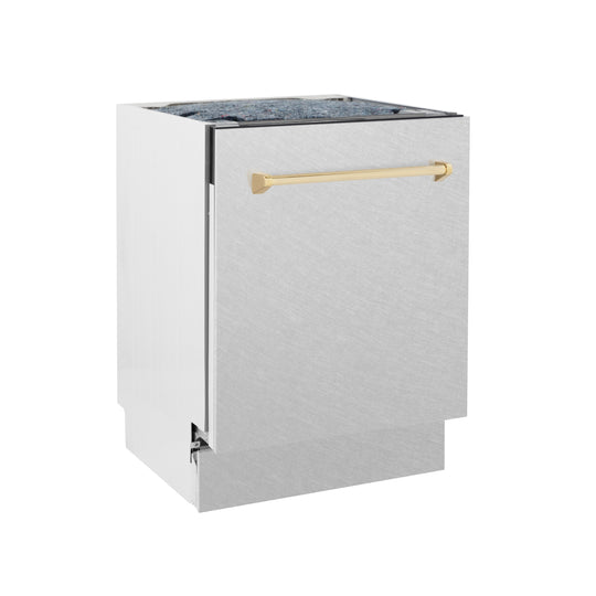 ZLINE Autograph Edition 24 in. Tallac Series 3rd Rack Top Control Built-In Tall Tub Dishwasher with Satin Stainless Steel Panel and Polished Gold Handle, 51dBa (DWVZ-SN-24-G)