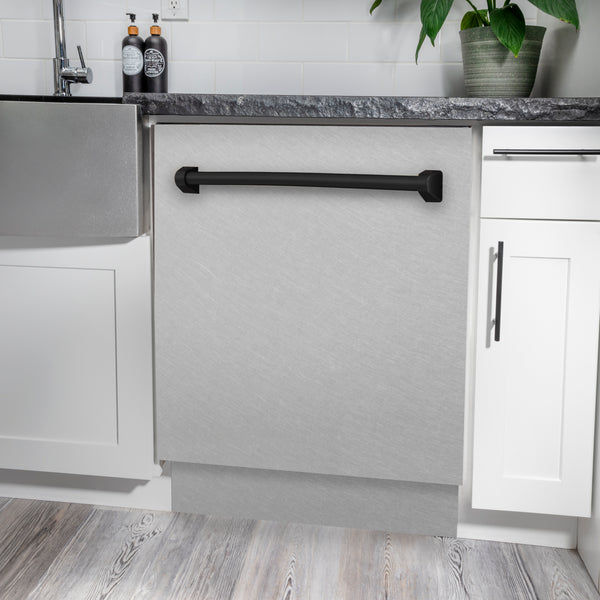 ZLINE Autograph Edition 24 in. Tallac Series 3rd Rack Top Control Built-In Tall Tub Dishwasher with Satin Stainless Steel Panel and Matte Black Handle, 51dBa (DWVZ-SN-24-MB)