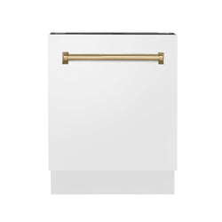 ZLINE Autograph Edition 24" Tallac Series 3rd Rack Top Control Built-In Tall Tub Dishwasher in White Matte with Champagne Bronze Handle, 51dBa (DWVZ-WM-24-CB)