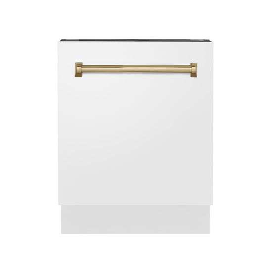 ZLINE Autograph Edition 24" Tallac Series 3rd Rack Top Control Built-In Tall Tub Dishwasher in White Matte with Champagne Bronze Handle, 51dBa (DWVZ-WM-24-CB)