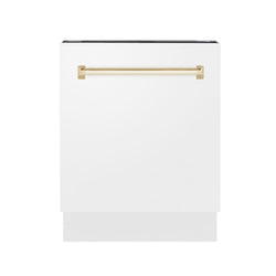 ZLINE Autograph Edition 24" Tallac Series 3rd Rack Top Control Built-In Tall Tub Dishwasher in White Matte with Polished Gold Handle, 51dBa (DWVZ-WM-24-G)