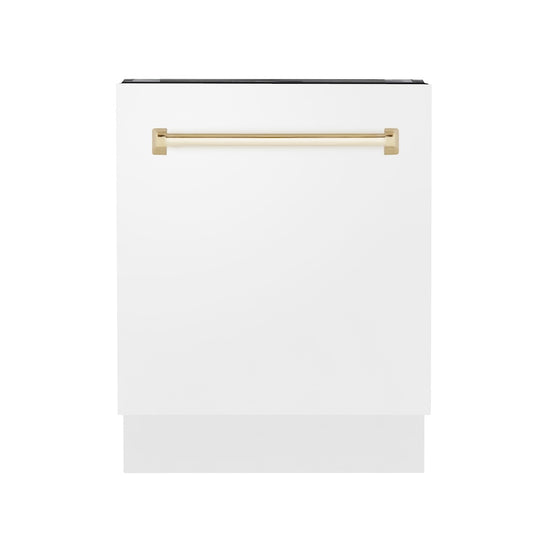 ZLINE Autograph Edition 24" Tallac Series 3rd Rack Top Control Built-In Tall Tub Dishwasher in White Matte with Polished Gold Handle, 51dBa (DWVZ-WM-24-G)