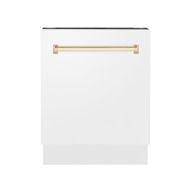 ZLINE Autograph Edition 24" Tallac Series 3rd Rack Top Control Built-In Tall Tub Dishwasher in White Matte with Polished Gold Handle, 51dBa (DWVZ-WM-24-G)