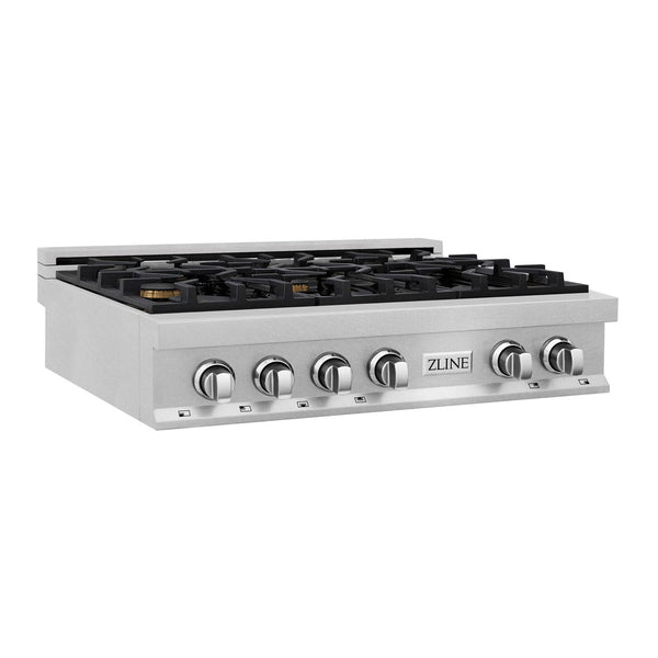 ZLINE 36 in. Porcelain Rangetop in DuraSnow® Stainless Steel with 6 Gas Brass Burners (RTS-BR-36) side.